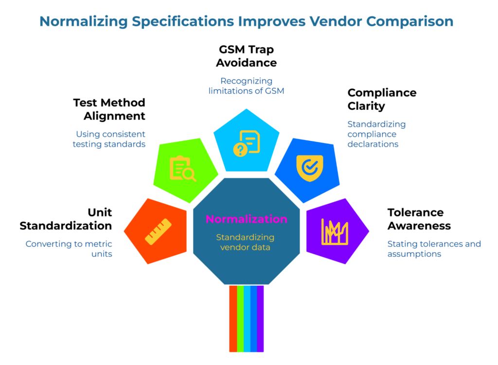 “Normalizing Specifications Improves Vendor Comparison.” Central hexagon labeled “Normalization – standardizing vendor data” with surrounding icons for unit standardization, test method alignment, GSM trap avoidance, compliance clarity, and tolerance awareness.
