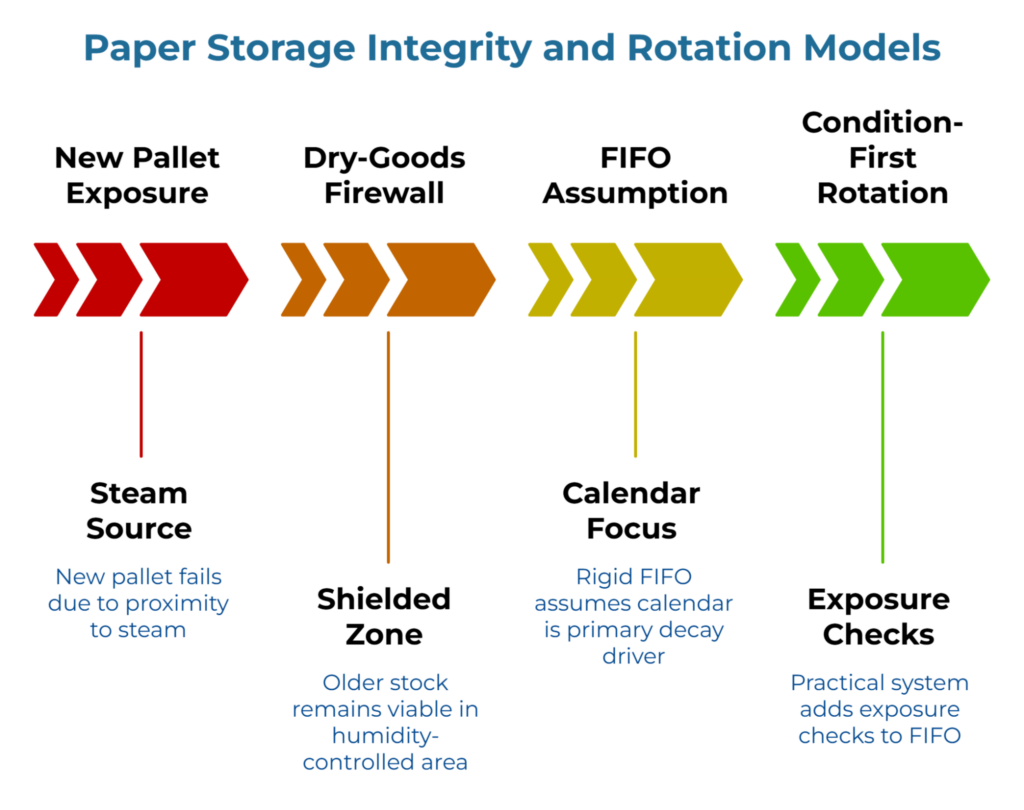 “Paper Storage Integrity and Rotation Models” showing four colored arrow paths: New Pallet Exposure near a steam source, Dry-Goods Firewall protecting a shielded zone, FIFO Assumption focused on calendar dating, and Condition-First Rotation adding exposure checks.