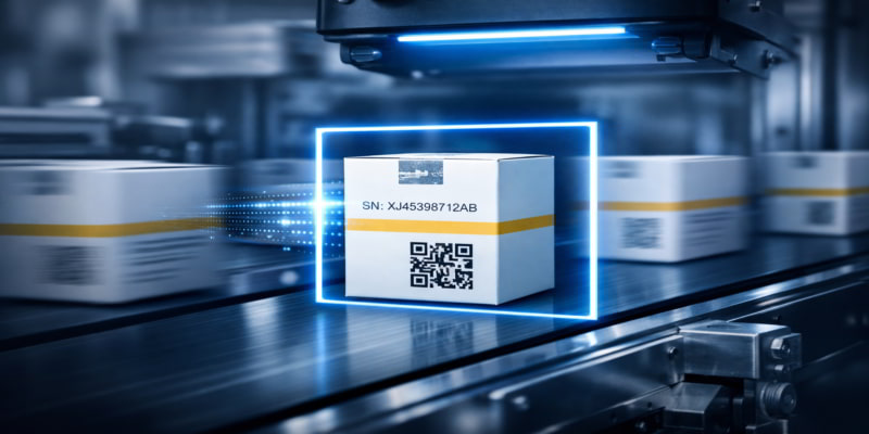 Pharmaceutical folding carton on an automated packaging line highlighted inside a glowing blue verification frame, with a readable 2D code, serial number, and tamper-evident seal while surrounding cartons blur in motion.