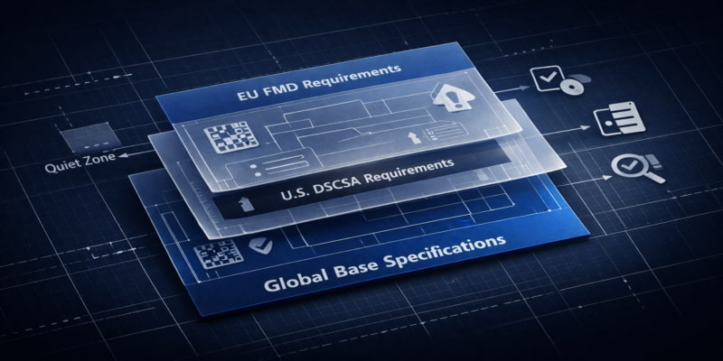 Layered pharma carton blueprint showing a global base spec with DSCSA and FMD regional compliance overlays.