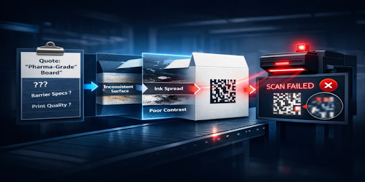 Illustration of vague pharma-grade carton specs causing DataMatrix print defects and scanner failure on a packaging line.