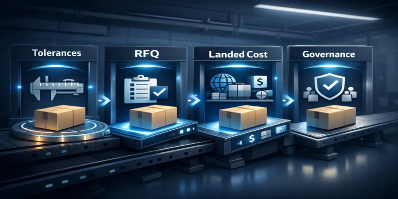 Stylized folding carton passing through four procurement stages: tolerances, RFQs, landed cost normalization, and governance.