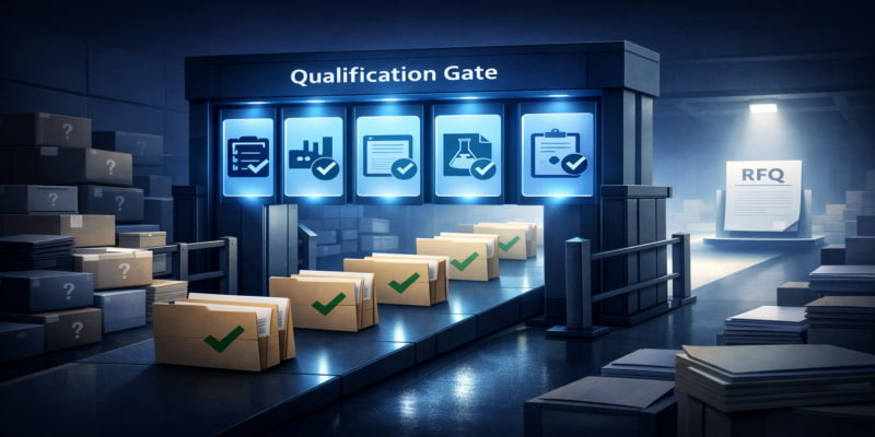 Illustration of a qualification gate filtering supplier files through five proof checks before an RFQ document.