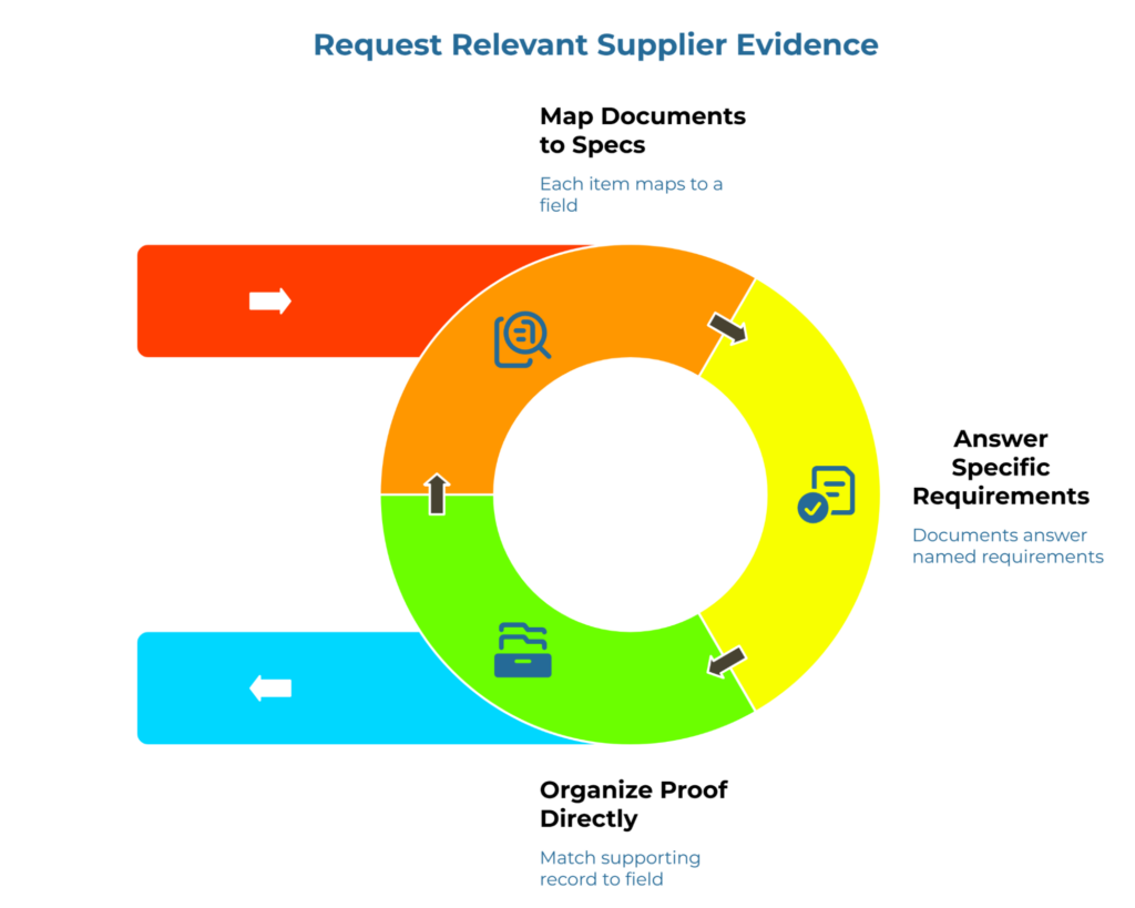 “Request Relevant Supplier Evidence” showing a circular three-step process for supplier documentation review: map documents to specifications, answer specific requirements, and organize proof directly. Colored segments with icons and directional arrows emphasize matching each document and supporting record to named specification fields.