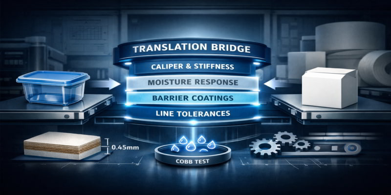 Plastic tub and folding carton linked by a technical bridge showing caliper, moisture, barrier, and line tolerances.