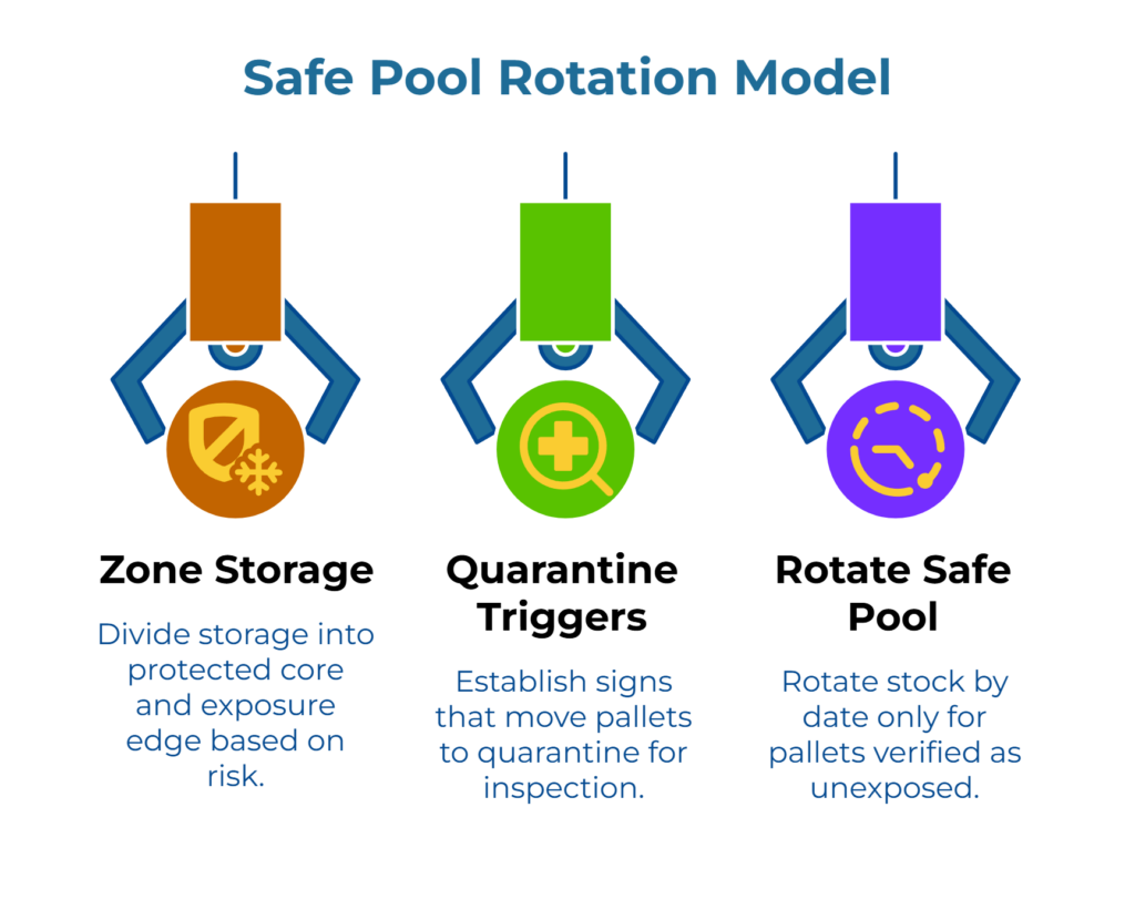 “Safe Pool Rotation Model” with three robotic arms holding icons for Zone Storage, Quarantine Triggers, and Rotate Safe Pool, explaining how to divide storage into protected and exposure zones, quarantine suspect pallets, and rotate only verified-safe stock.