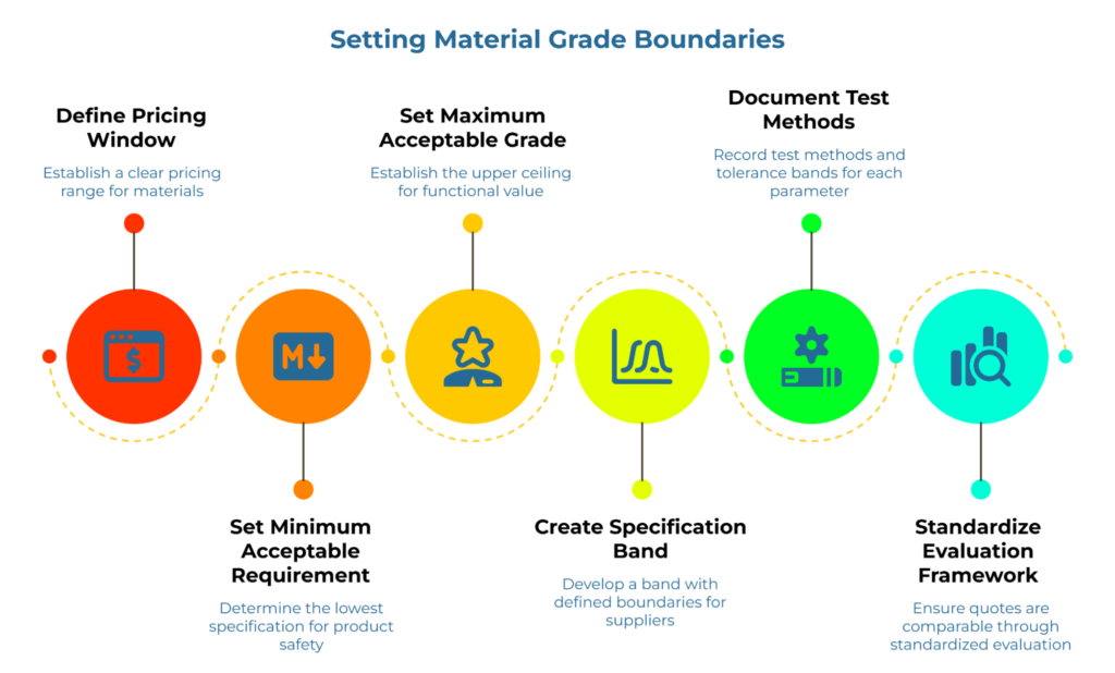 “Setting Material Grade Boundaries” showing a six-step horizontal process for supplier material evaluation: define pricing window, set minimum acceptable requirement, set maximum acceptable grade, create specification band, document test methods, and standardize evaluation framework for comparable carton quotes.