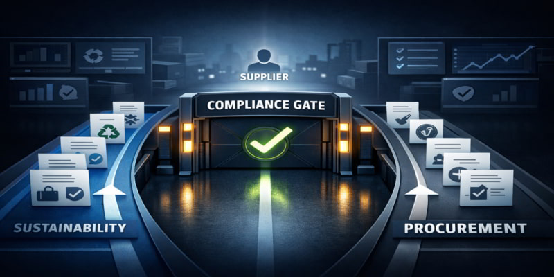 Two parallel sourcing lanes for Sustainability and Procurement converge at a compliance gate before supplier approval.
