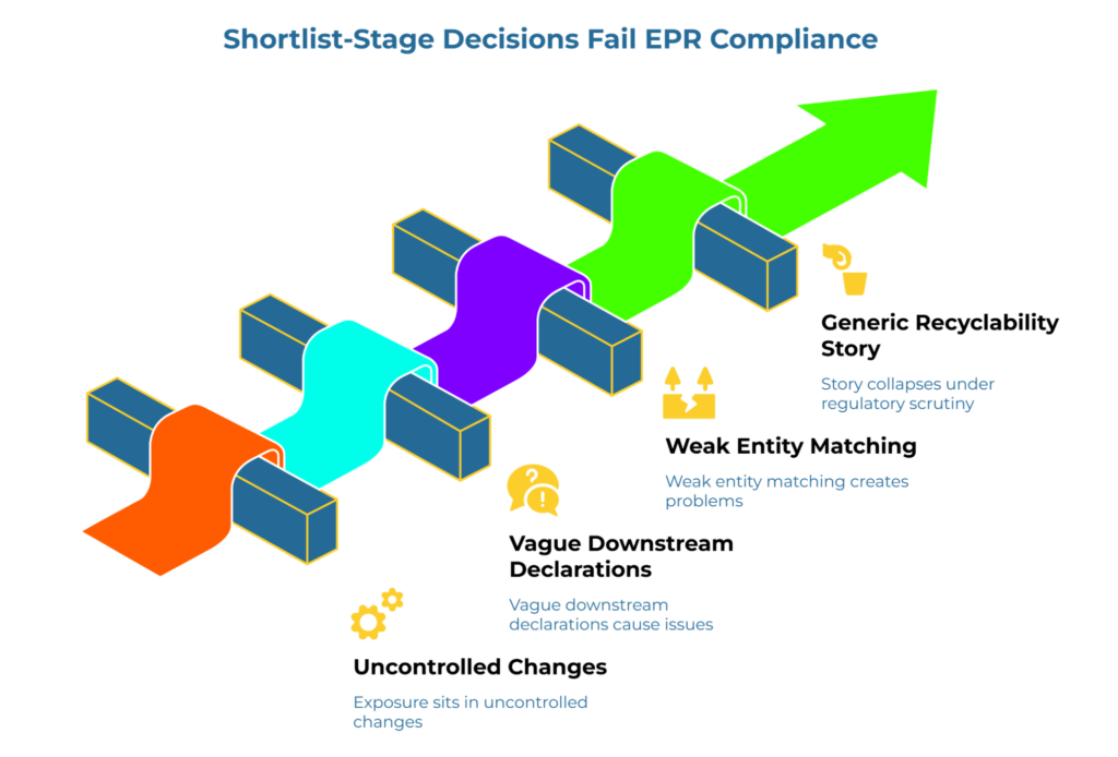 “Shortlist-Stage Decisions Fail EPR Compliance.” A rising path of colored stages shows hidden risks from uncontrolled changes, vague downstream declarations, weak entity matching, and a generic recyclability story that collapses under regulatory scrutiny.