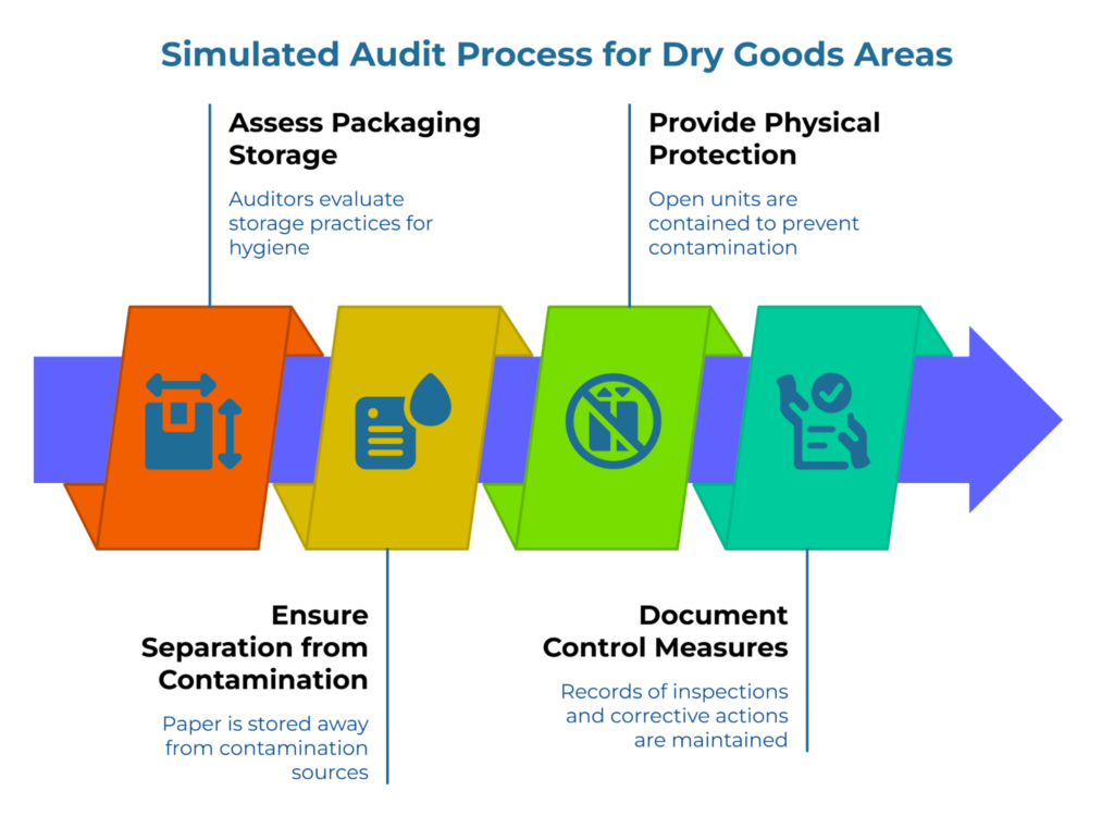 “Simulated Audit Process for Dry Goods Areas” showing a four-step arrow flow: assess packaging storage, ensure separation from contamination, provide physical protection for open units, and document control measures and inspections.