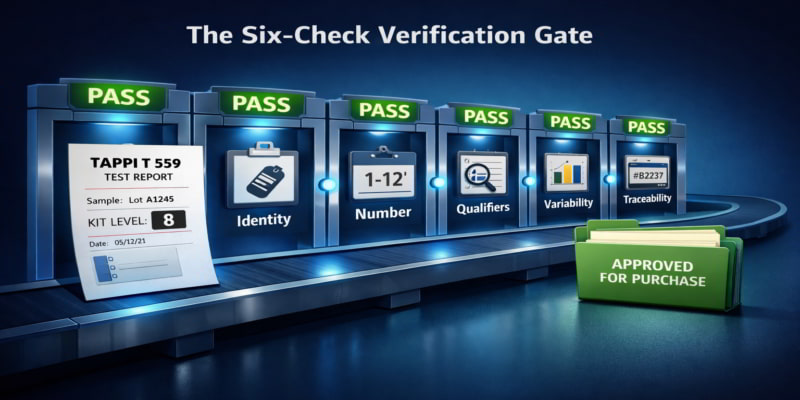 Stylized illustration of a TAPPI T 559 test sheet passing six labeled verification gates into an Approved folder.
