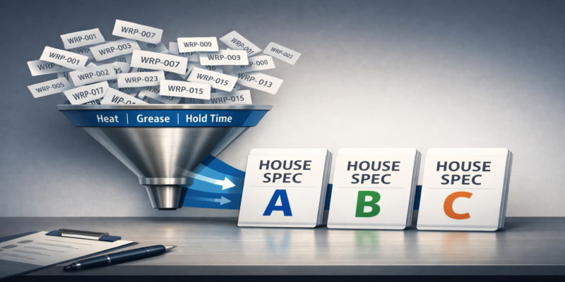 Illustration of wrapper SKUs funneling through “Heat, Grease, Hold Time” into three house specs: A, B, and C.