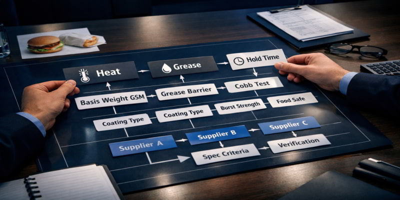 Anonymous hands arrange a specification board linking heat, grease, and hold time to food packaging paper requirements.