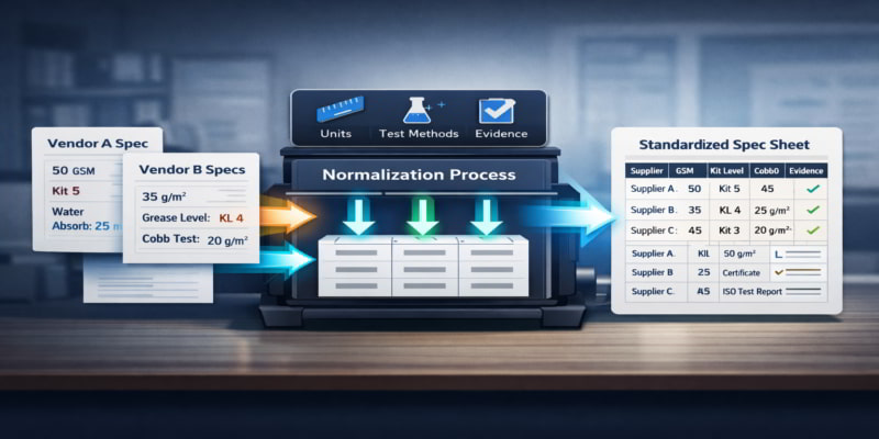 Illustration of three supplier spec PDFs flowing through a normalization gate into one standardized comparison worksheet.