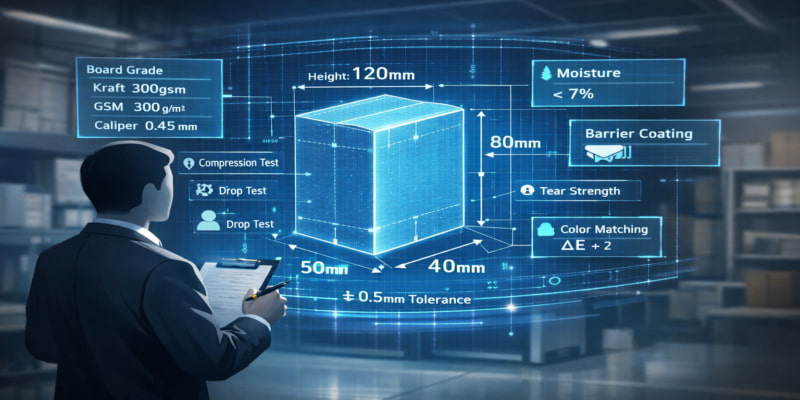 Stylized illustration of a procurement manager interacting with a 3D holographic folding carton blueprint highlighting parameters and test methods.