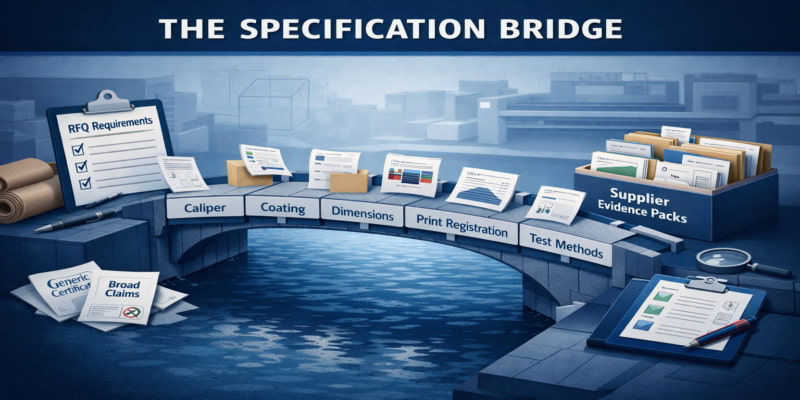 Illustration of an RFQ-to-evidence bridge linking folding carton specification fields to supplier proof for fair comparison.