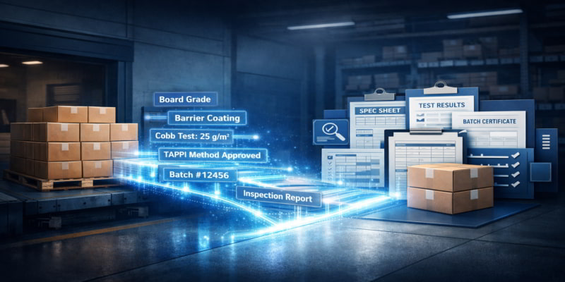 Stylized loading dock scene where a glowing specification bridge links folding cartons to test reports and batch-linked proof.