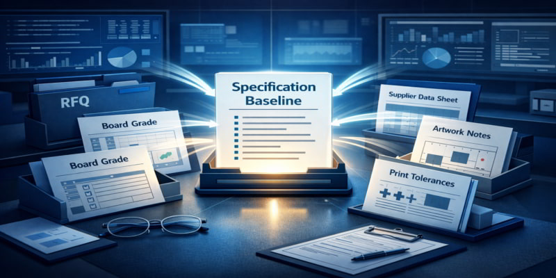 Illustration of a pharmaceutical packaging audit workspace with RFQ files, board grade sheets, supplier data, artwork notes, and print tolerance documents converging into a glowing central “Specification Baseline” document.