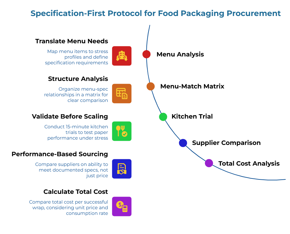 “Specification-First Protocol for Food Packaging Procurement” showing a five-step curved sequence: map menu items to stress profiles, build a menu-spec matrix, run 15-minute kitchen trials, compare suppliers on meeting specs, then compare total cost per successful wrap.