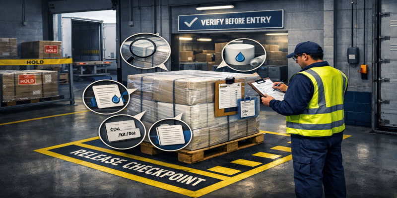 Diagram of specification-first receiving at the loading dock, showing spec verification, COA compliance, and sign-off only after checks.