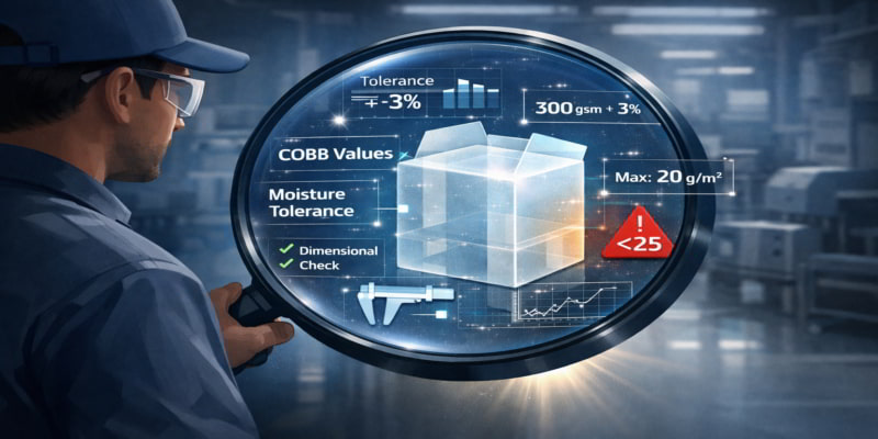 Illustration of a packaging engineer inspecting a folding carton with floating tolerance bands and COBB value metrics.