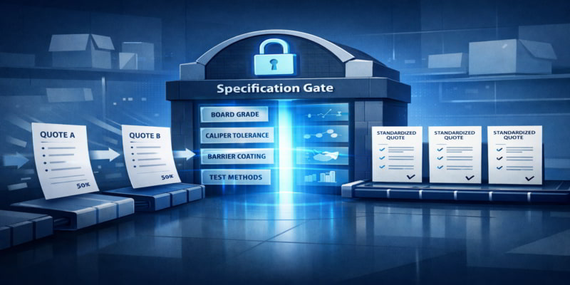 Stylized illustration of supplier quotes passing through a specification gate to become comparable folding carton bids.