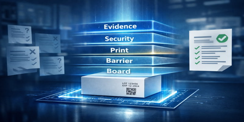 Layered specification blueprint above a pharma folding carton, showing how fixed standards prevent supplier guesswork.