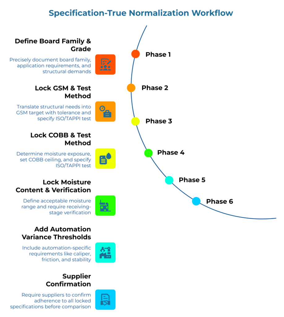 “Specification-True Normalization Workflow” showing a six-phase curved timeline. Steps move from defining board family and grade, locking GSM and COBB test methods, verifying moisture content, adding automation variance thresholds, and ending with supplier confirmation.
