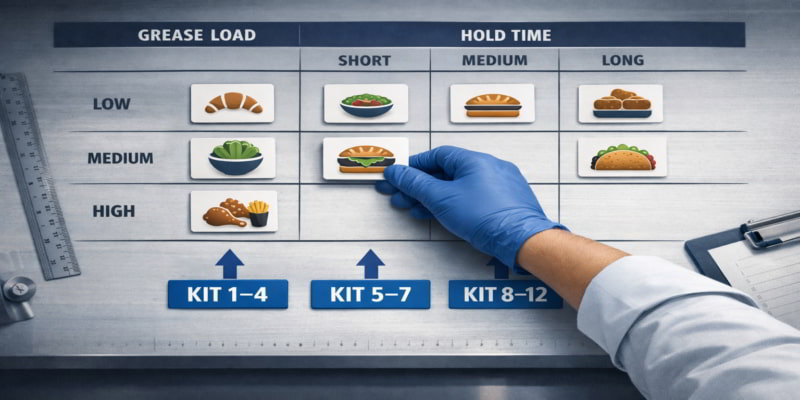 Sorting table of grease load × hold time; gloved hand places a burger card in the Medium/Medium cell (Kit 5–7)