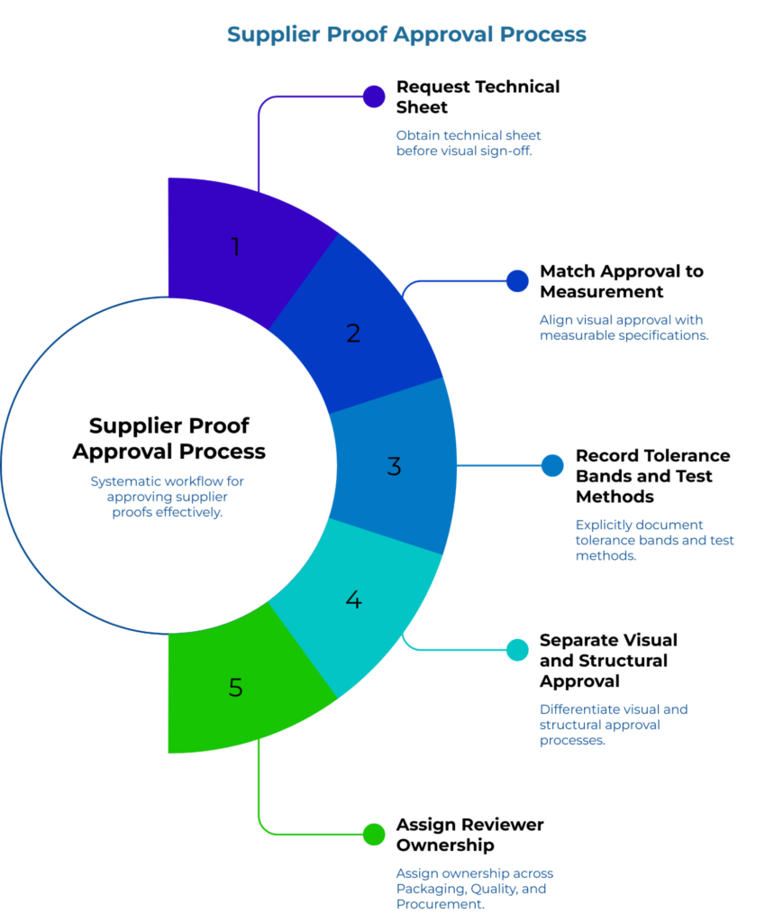 “Supplier Proof Approval Process” showing a five-step circular workflow. Steps include requesting the technical sheet, matching approval to measurable specs, recording tolerance bands and test methods, separating visual and structural approval, and assigning reviewer ownership.