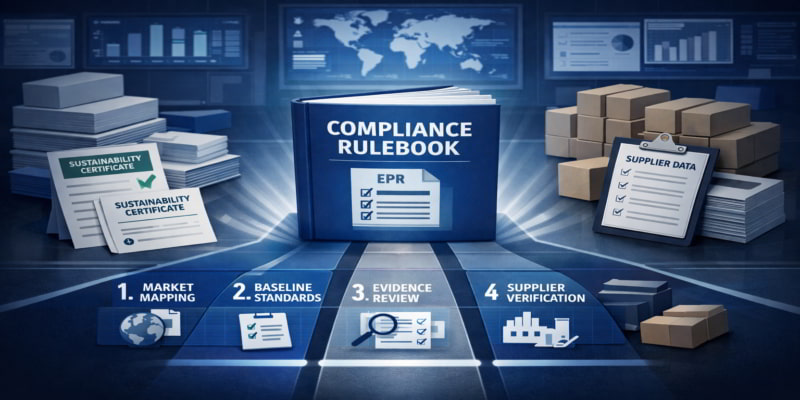 Compliance rulebook guiding four-phase verification for sustainable folding carton sourcing under EPR rules.