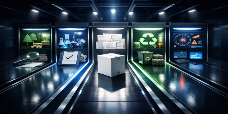 Folding carton moving through five audit lanes for material, process, documentation, recyclability, and monitoring checks.