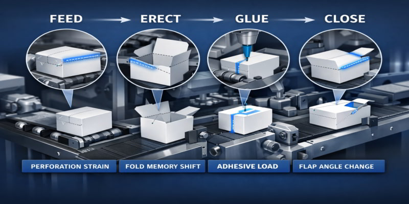 Illustration of a tamper-evident folding carton moving through an automated packaging line, with feed, erect, glue, and close stations highlighting key tolerance risks including perforation strain, fold memory shift, adhesive load, and flap angle change.