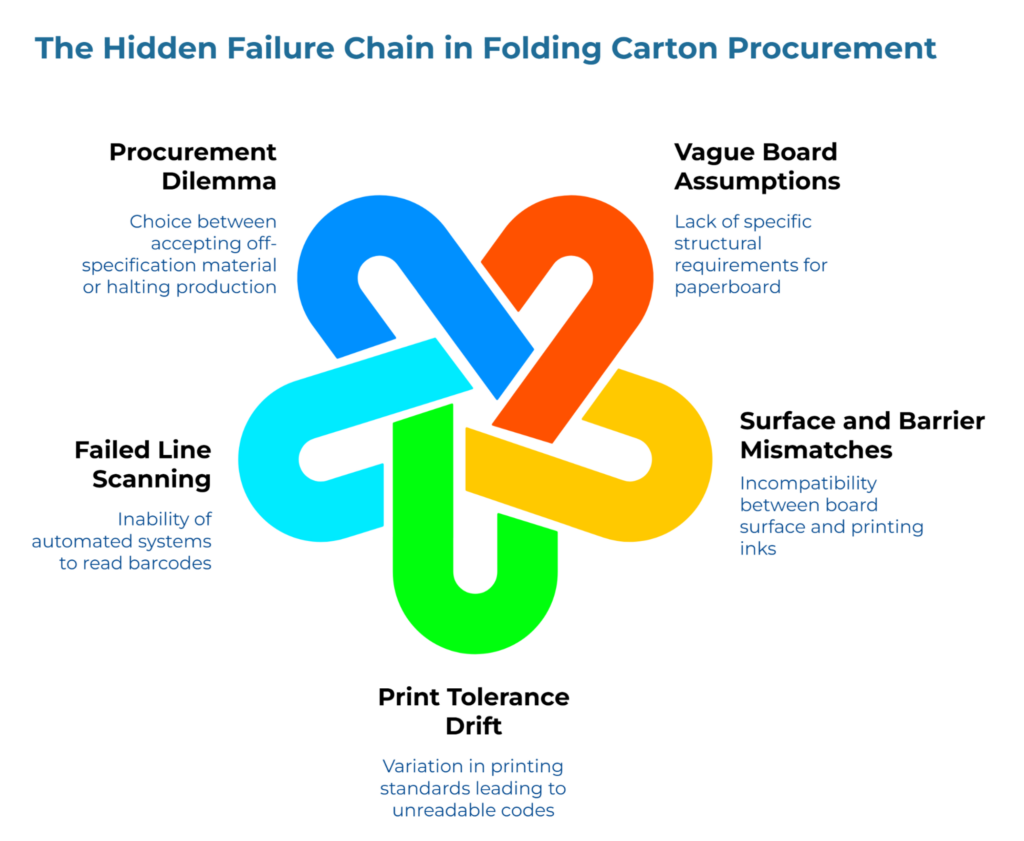 “The Hidden Failure Chain in Folding Carton Procurement” showing an interlocked five-part loop linking procurement dilemma, vague board assumptions, surface and barrier mismatches, print tolerance drift, and failed line scanning. It illustrates how unclear paperboard specs can trigger printing and barcode-readability failures during production.