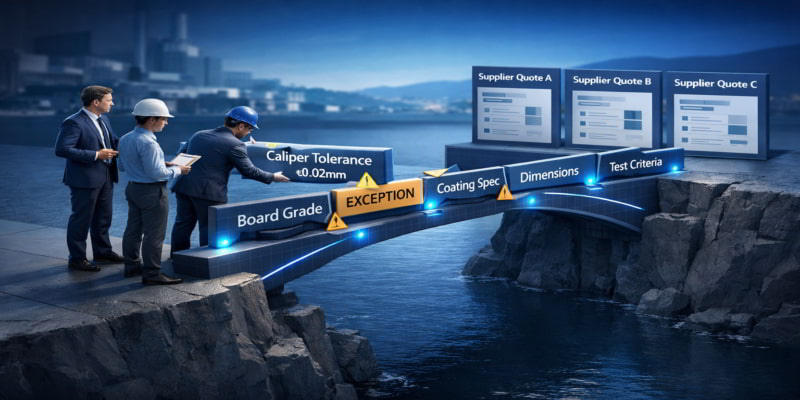 Cross-functional team builds a specification bridge from carton requirements to supplier quotes for like-for-like comparison.