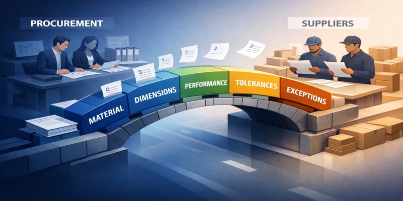 Illustration of a specification bridge linking procurement and suppliers through named folding carton RFQ fields.