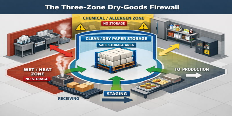 Diagram of a food facility’s three-zone storage firewall separating packaging paper from steam, heat, and chemicals.