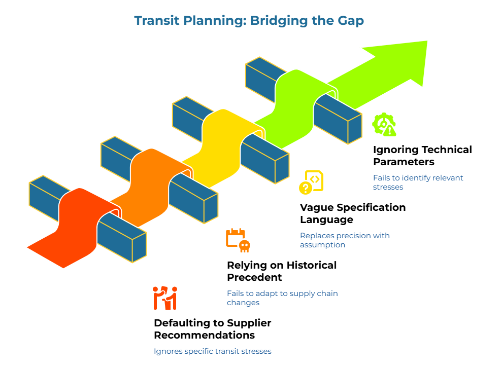 “Transit Planning: Bridging the Gap” showing a rising, winding arrow crossing support beams. Four callouts explain common weaknesses in transit planning: ignoring specific transit stresses, failing to adapt to supply chain changes, replacing precision with assumption, and missing relevant stresses.