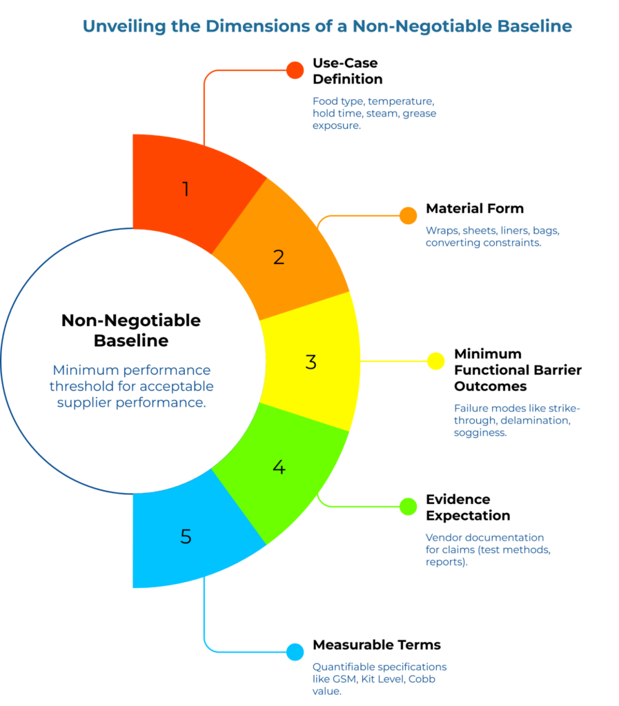 “Unveiling the Dimensions of a Non-Negotiable Baseline.” Semi-circular chart around a circle labeled “Non-Negotiable Baseline” shows five factors: use-case definition, material form, minimum functional barrier outcomes, evidence expectation, and measurable terms.
