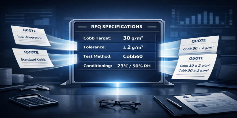 Illustration of vague folding carton quotes being standardized into Cobb targets, tolerances, and test methods.