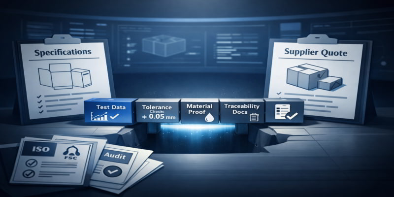Illustration of folding carton specifications and supplier quote linked by proof blocks, with certificates off to one side.