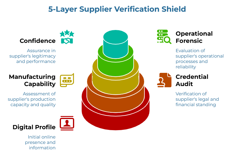 “5-Layer Supplier Verification Shield” showing five stacked circular layers of supplier vetting. The layers move from initial online presence and basic information to legal and financial verification, production capacity and quality review, operational process reliability, and final assurance of supplier legitimacy and performance.