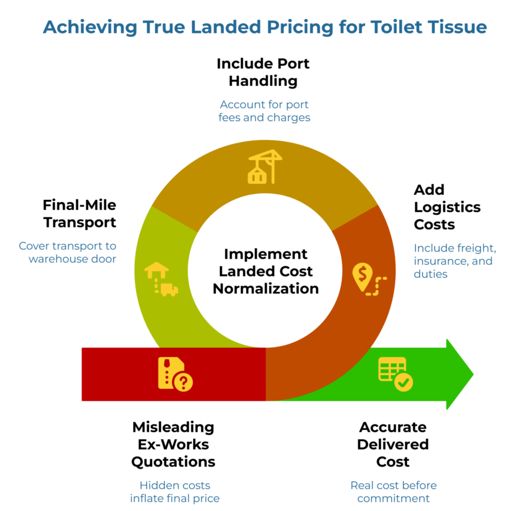 “Achieving True Landed Pricing for Toilet Tissue” showing a circular process around landed-cost normalization. It moves from misleading ex-works quotations to accurate delivered cost by adding logistics costs, port handling charges, and final-mile transport before purchase commitment.