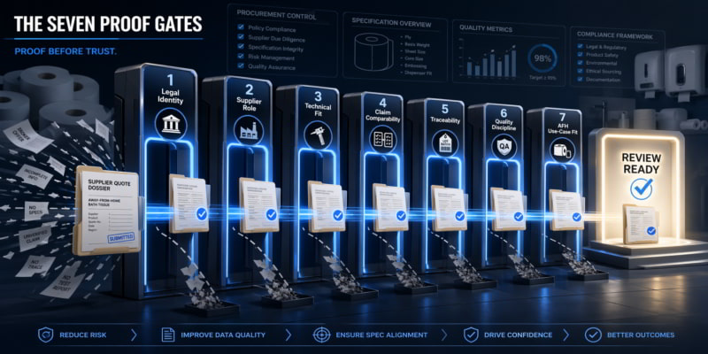 Seven proof gates verify an AFH bath tissue supplier quote before it becomes review ready.