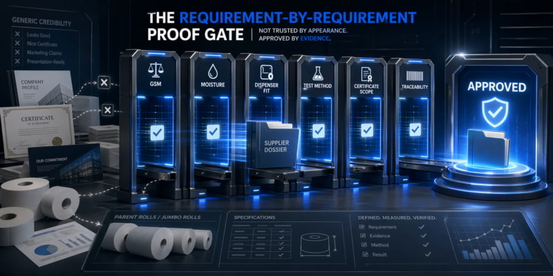 AFH tissue supplier dossier passes GSM, moisture, test method, and traceability proof gates.