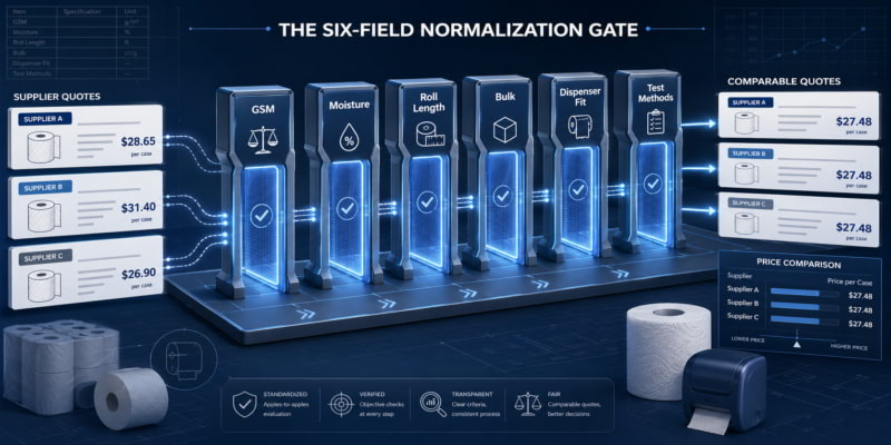 Six-field gate normalizes AFH tissue supplier quotes by GSM, moisture, roll length, bulk, fit, and test methods.