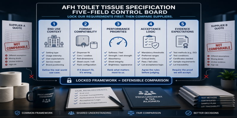 Stylized five-field procurement control board locking AFH toilet tissue specs before supplier quote comparison.