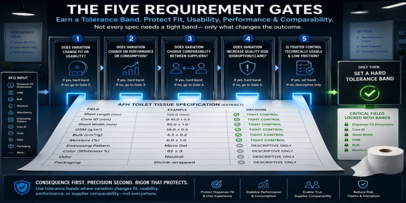 AFH toilet tissue specification sheet passing through five decision gates to identify which fields need hard tolerance bands.