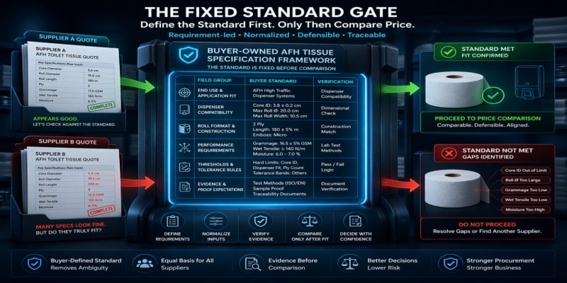 Infographic of a buyer-defined gate screening two AFH toilet tissue supplier quotes, approving one and flagging the other.