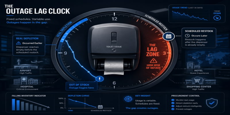 AFH toilet tissue dispenser clock showing outage lag between real depletion and scheduled restock.